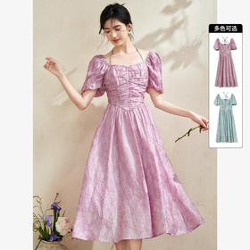 法式浪漫温柔花苞袖连衣裙女新款小清新褶皱收腰长裙V0740579