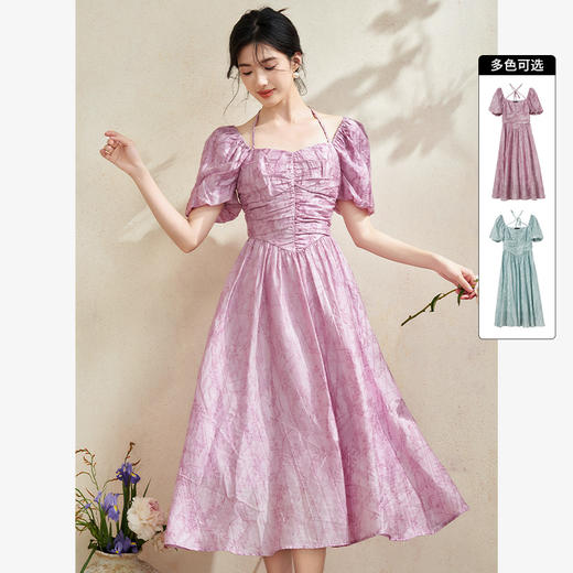 法式浪漫温柔花苞袖连衣裙女新款小清新褶皱收腰长裙V0740579 商品图0