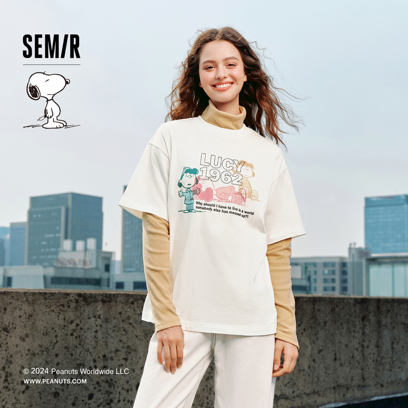 森马史努比系列短袖T恤女中长款印花新款纯棉秋装