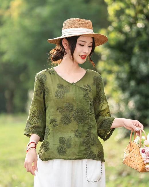 【YW】无忧购国风宽松复古V领斜襟刺绣苎麻上衣6623（截单后7天发货)25年清仓捡漏 商品图6