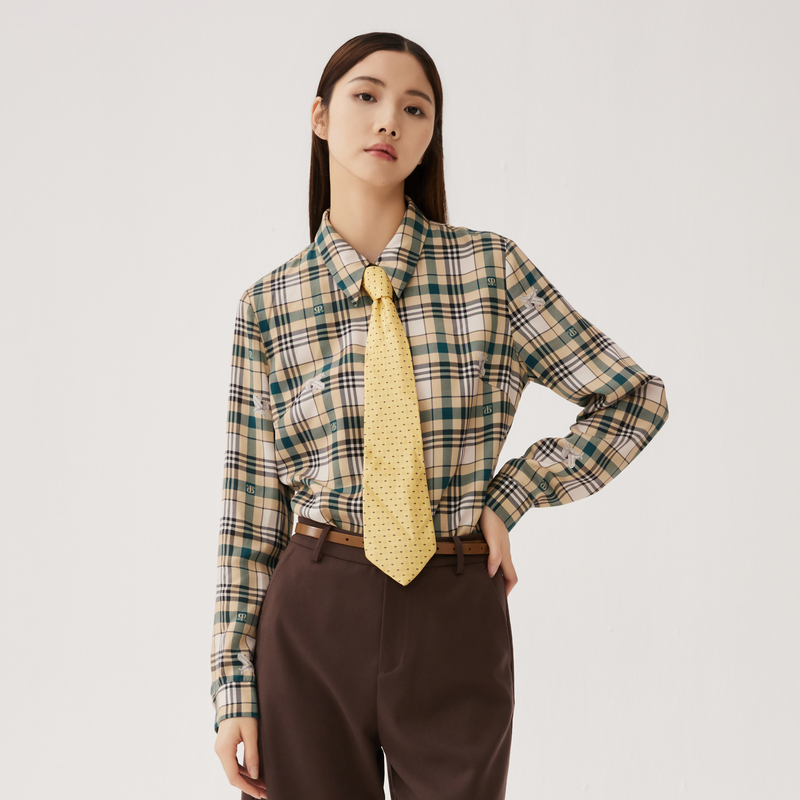 谜底格子衬衫长袖女2024秋款复古文艺风百搭莱赛尔衬衣247MC5218