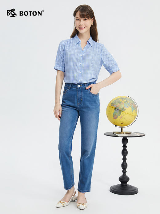 波顿女士2024春夏新款蓝白色短袖格子衬衫高端美式休闲衬衣LS009224 商品图3