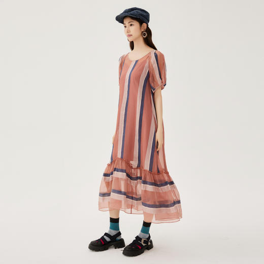 谜底100%桑蚕丝连衣裙2024秋季新品条纹撞色A型长裙短袖243GL1173 商品图1