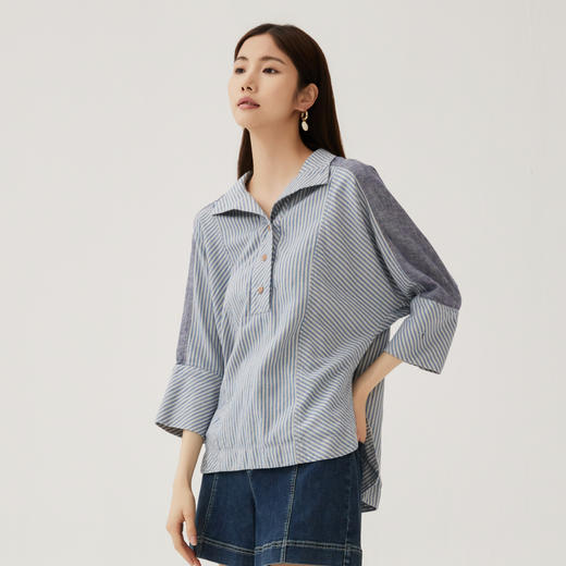 谜底大廓形棉麻衬衫女2024秋款复古刺绣拼接落肩袖衬衣243MC1121 商品图1