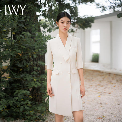 IWY/时尚优雅杏色职业连衣裙七分袖女气质主持人上镜装修身艺考裙Q14207 商品图5