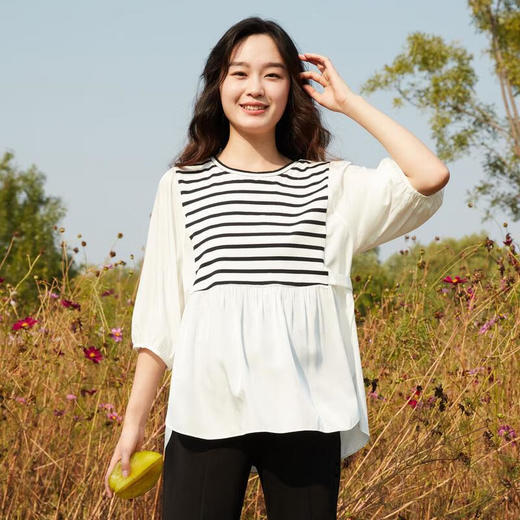 【B8F】快乐屋孕妇减龄针织条纹拼接五分袖上衣版 商品图7