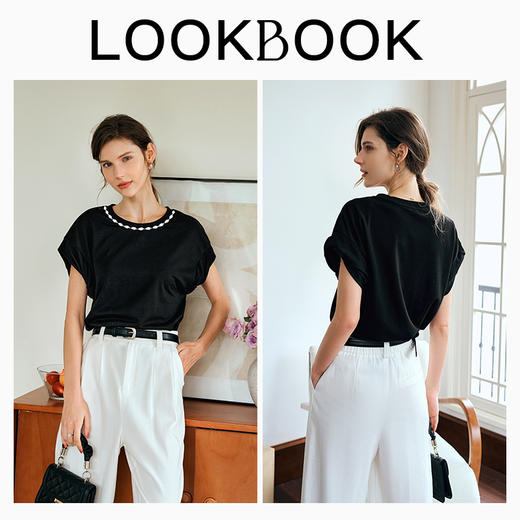 OLrain欧芮儿黑色短袖T恤女夏季2024年新款宽松百搭宽松钉珠上衣 商品图4