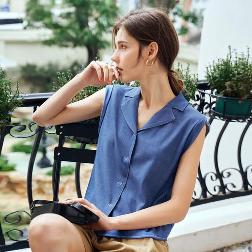 OLrain欧芮儿法式蓝色衬衫女夏季2024年新款小众设计感简约上衣 商品图1