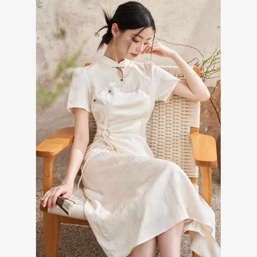 新中式国风古典提花连衣裙女新款气质优雅系带长裙V1140944 商品图4