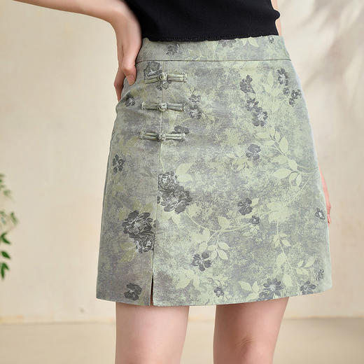 新中式国风重工提花一字扣半身裙女开叉直筒裙V2742130 商品图2