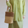 绽放JS059朵/拉菲草纯手工编织拼色肩背手提两用卡其棕色托特包 商品缩略图0