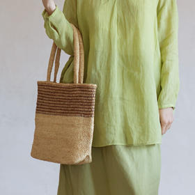 绽放JS059朵/拉菲草纯手工编织拼色肩背手提两用卡其棕色托特包