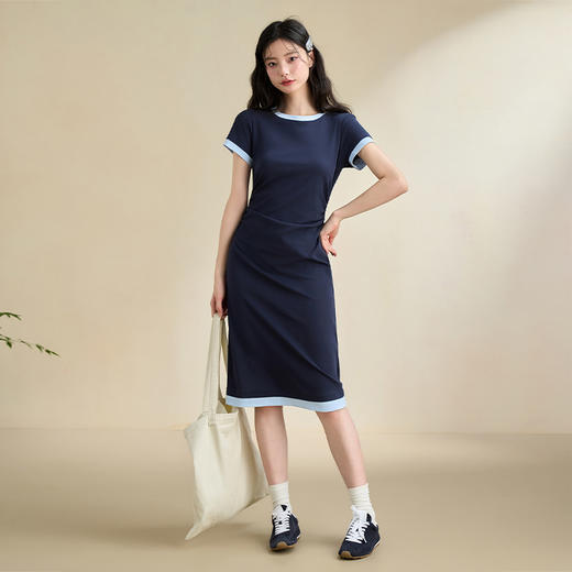 甜美休闲拼接撞色假两件连衣裙女缩褶收腰连衣裙V2742124 商品图1