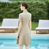 IWY/端庄大气连衣裙女灰杏色西装连身裙双排扣职业工作服短袖西服裙Q1154 商品缩略图3