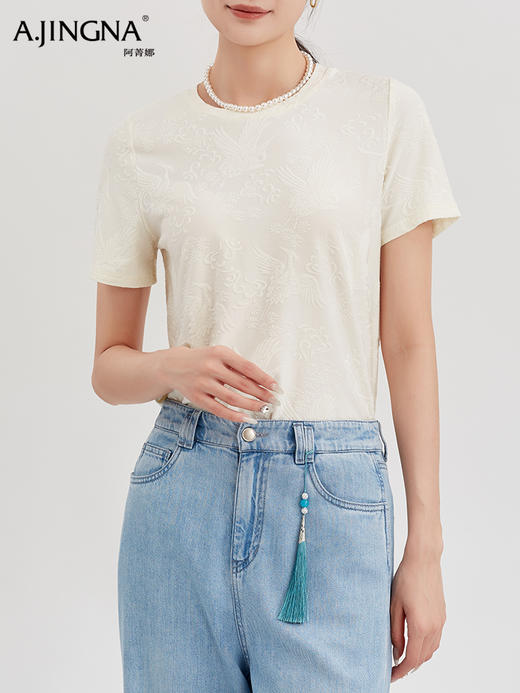 【复古中式】阿菁娜国风提花刺绣圆领百搭T恤F29X302010 商品图1