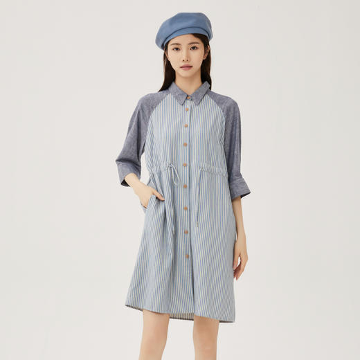 谜底连衣裙中袖女2024秋款美式复古风落肩袖棉麻衬衫裙243ML1054 商品图0