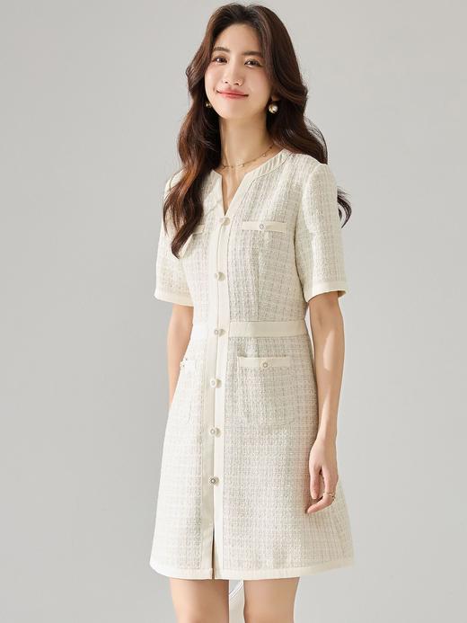 25严选温柔精致高腰显瘦A字小香气质亮丝花呢短袖收腰连衣裙_HLY 商品图3