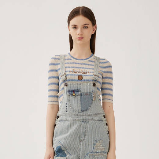 谜底套头针织衫短袖女2024秋款学院风条纹圆领短款上衣243MZ1263 商品图0