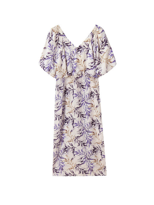 25严选夏紫调鸢尾花遮肉泡泡袖印花连衣裙V领收腰碎花茶歇裙_HLY 商品图4
