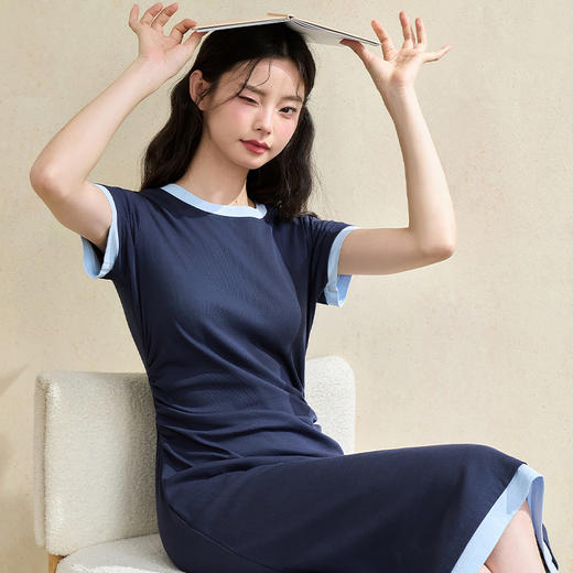 甜美休闲拼接撞色假两件连衣裙女缩褶收腰连衣裙V2742124 商品图2