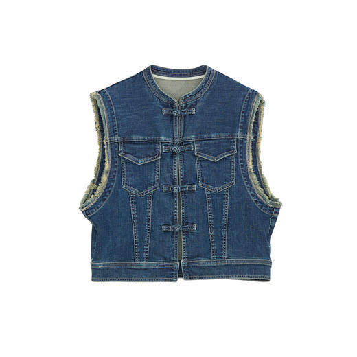 谜底牛仔马甲女2024秋新品复古新中式盘扣短款百搭马夹243MM1153 商品图4