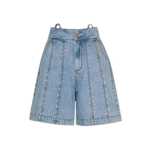 两三事 幻色灵珠 2024夏季新款休闲钉珠洗水做旧五分裤牛仔裤女 商品图4