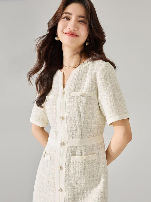 25严选温柔精致高腰显瘦A字小香气质亮丝花呢短袖收腰连衣裙_HLY 商品图1