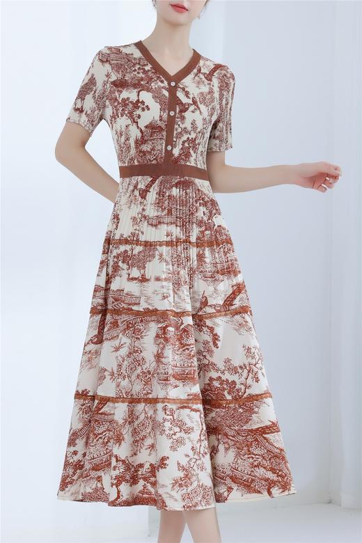 HJ2S97_棠梨褐色/庭芜绿色_连衣裙_春夏_气质中式印花 V 领三宅褶皱显瘦 A 字大摆裙_高级女装_BERNIEELEN 伯妮斯茵 商品图5