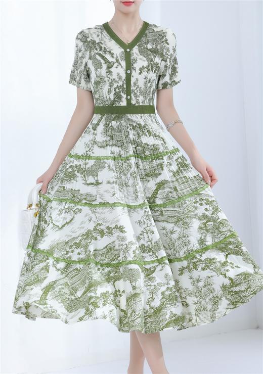 HJ2S97_棠梨褐色/庭芜绿色_连衣裙_春夏_气质中式印花 V 领三宅褶皱显瘦 A 字大摆裙_高级女装_BERNIEELEN 伯妮斯茵 商品图2