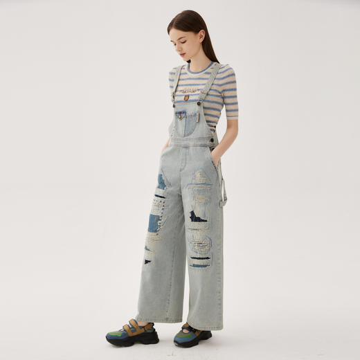 谜底牛仔背带裤女2024秋新品复古风宽松贴布绣直筒长裤243MK1102 商品图1