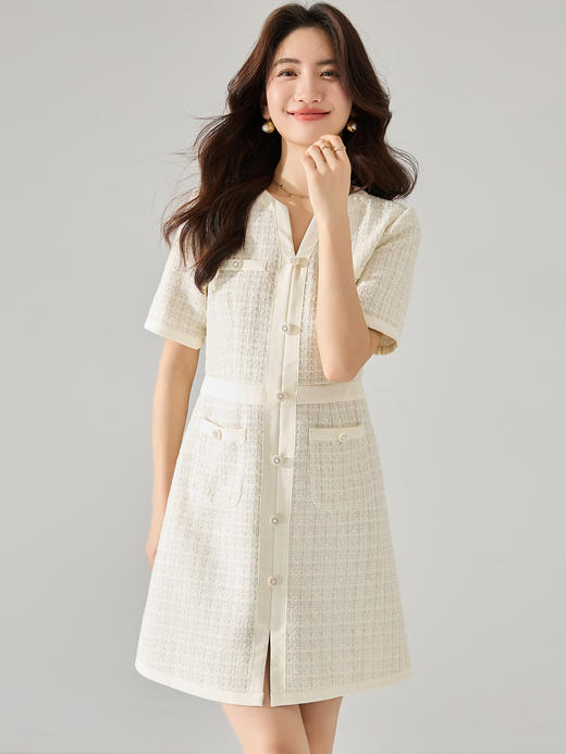 25严选温柔精致高腰显瘦A字小香气质亮丝花呢短袖收腰连衣裙_HLY 商品图0