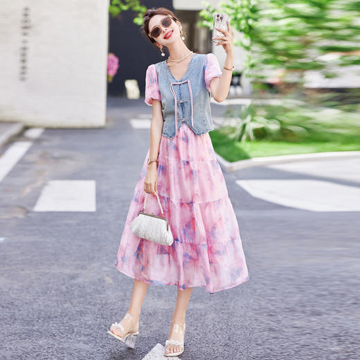 HR WY89069气质时尚新中式风印花拼接两件套裙 商品图3