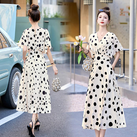 波点法式气质端庄大气，V领海边度假白色仙女长裙HR-XXM163 商品图2