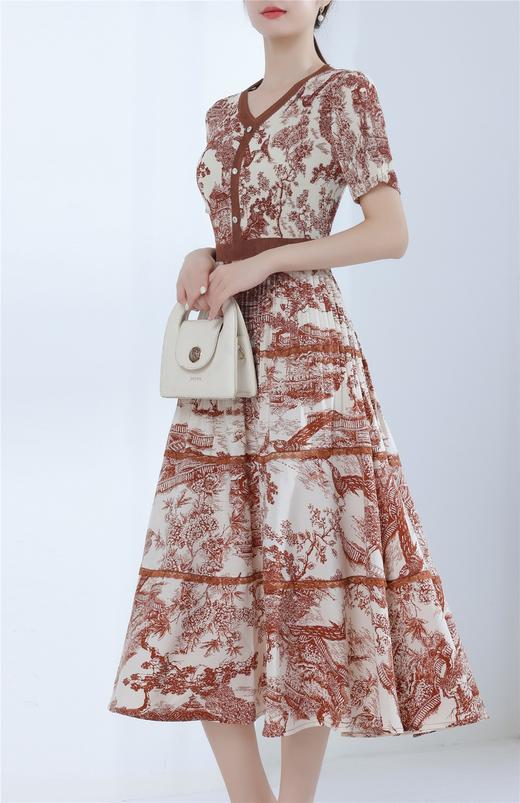 HJ2S97_棠梨褐色/庭芜绿色_连衣裙_春夏_气质中式印花 V 领三宅褶皱显瘦 A 字大摆裙_高级女装_BERNIEELEN 伯妮斯茵 商品图4