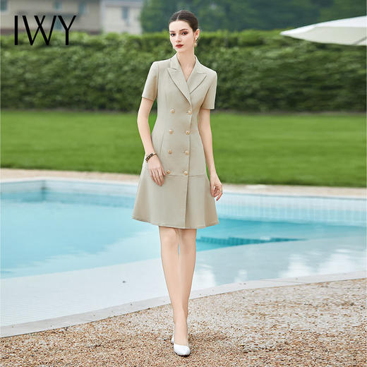 IWY/端庄大气连衣裙女灰杏色西装连身裙双排扣职业工作服短袖西服裙Q1154 商品图2