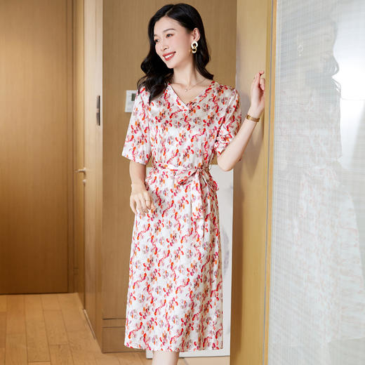 高端真丝印花V领气质知性百搭优雅连衣裙LZW-ASE23066 商品图2