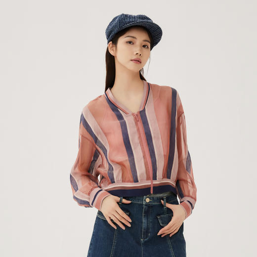 谜底真丝短款外套女2024秋季新品复古风轻透棒球服长袖243MW1143 商品图0