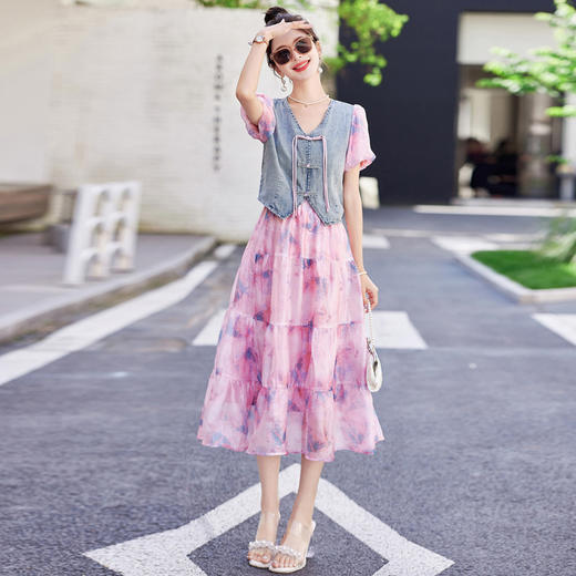 HR WY89069气质时尚新中式风印花拼接两件套裙 商品图1