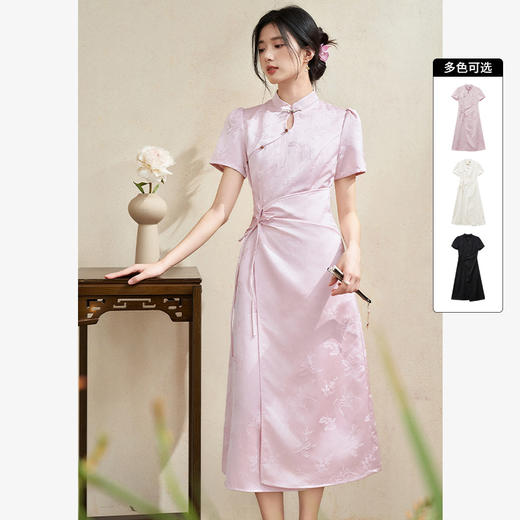 新中式国风古典提花连衣裙女新款气质优雅系带长裙V1140944 商品图0