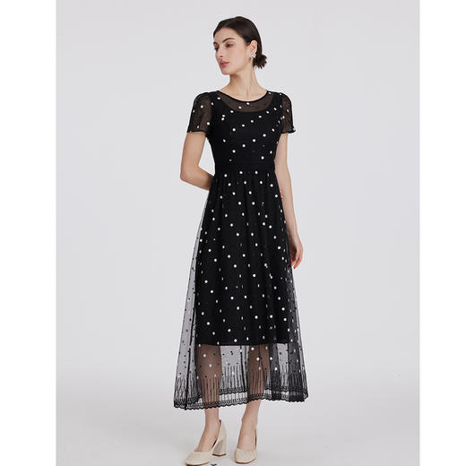 司歌刺绣短袖收腰连衣裙复古显瘦A891046X 商品图2