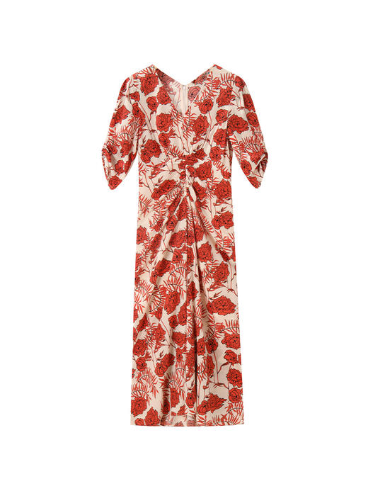 25严选夏新款法式V领泡泡袖收腰松紧抽褶玫瑰印花长款连衣裙_HLY 商品图4