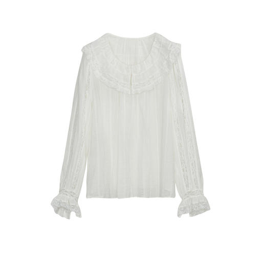 谜底衬衫上衣女2024秋款淑女风通勤荷叶领拼接花边衬衣243MS1006 商品图4