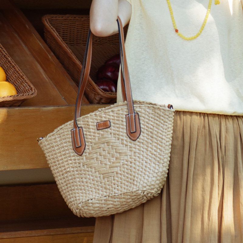 绽放JS010朵/驼色度假感皮质拼接编织手提托特包休闲随性百搭女包