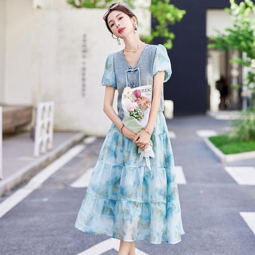 HR WY89069气质时尚新中式风印花拼接两件套裙 商品图2