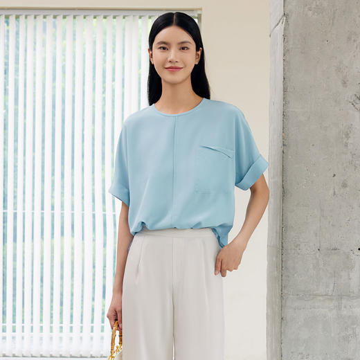 玳莎真丝双绉短袖小衫2024年夏季新款女士简约连肩袖圆领上衣衬衫  EB31110 商品图1