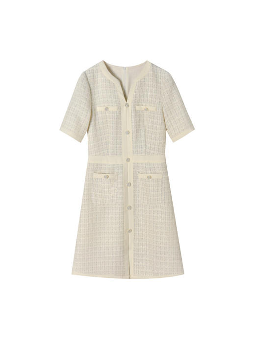 25严选温柔精致高腰显瘦A字小香气质亮丝花呢短袖收腰连衣裙_HLY 商品图4