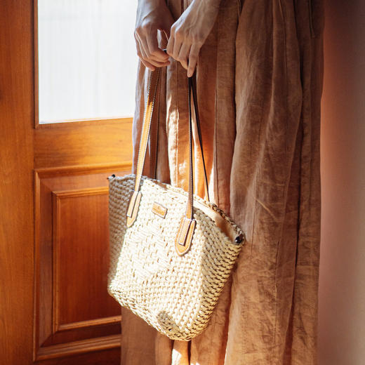 绽放JS010朵/驼色度假感皮质拼接编织手提托特包休闲随性百搭女包 商品图2