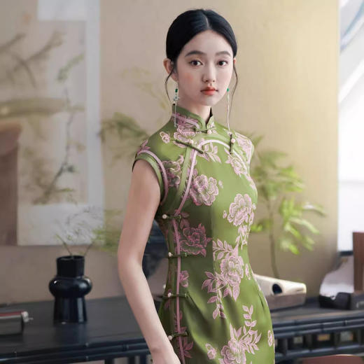 新中式绿色旗袍老上海传统温婉端庄优雅日常走秀演出YM8352 商品图0