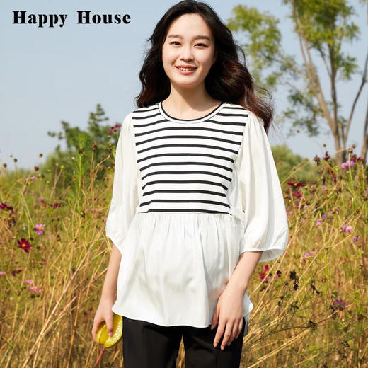 【B8F】快乐屋孕妇减龄针织条纹拼接五分袖上衣版 商品图0