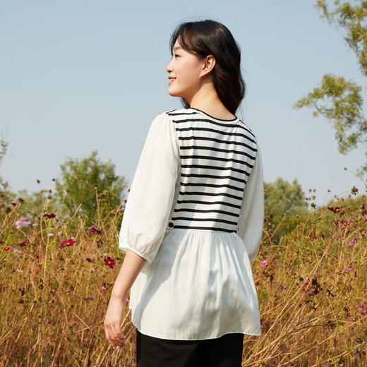 【B8F】快乐屋孕妇减龄针织条纹拼接五分袖上衣版 商品图2